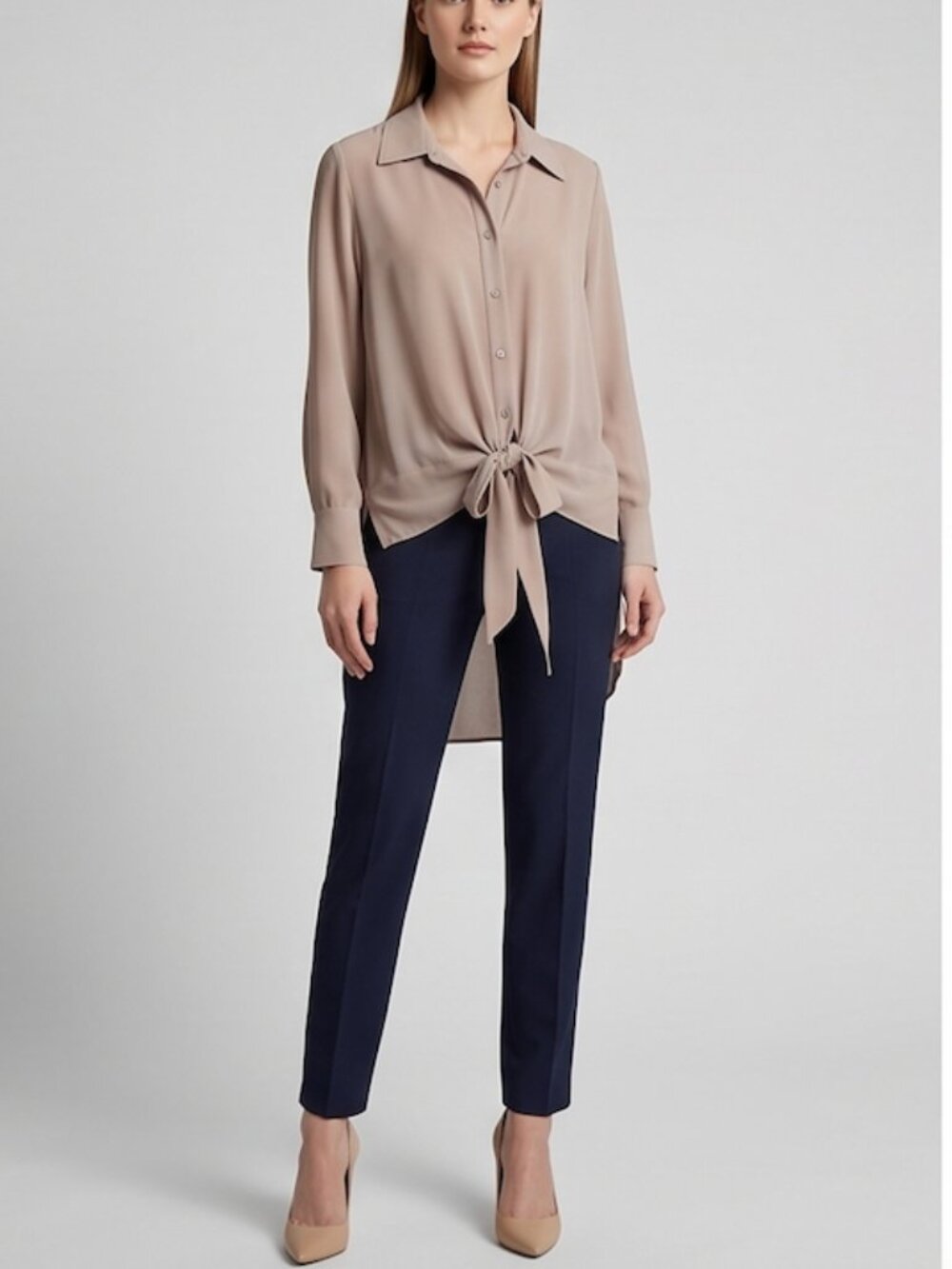 Brian Bailey Designer Beige Chiffon Long Sleeve Front-Tie High-Low Blouse